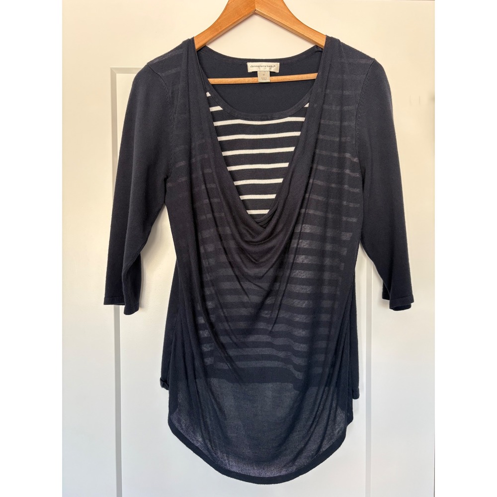 Christopher & Banks Librarian 90's Navy Striped Draped Cowl Neck 3/4 Sleeve M